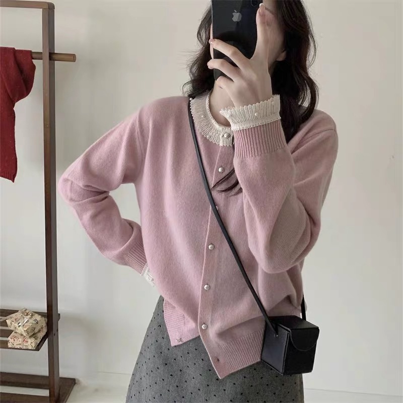 55030#实物以直播间为准——韩系冬季钉珠花边圆领毛衣开衫两件套