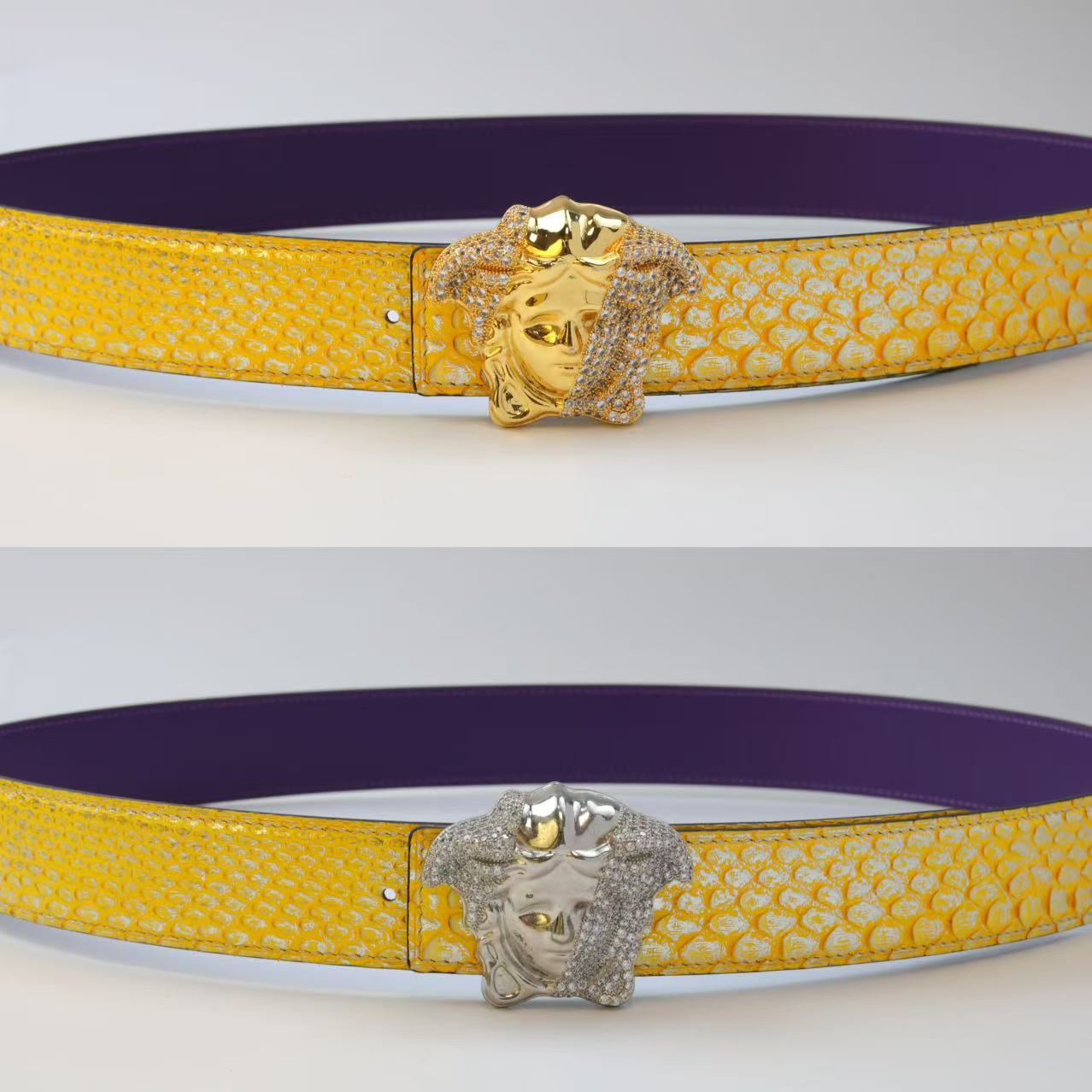 进口黄金蟒蛇皮裤腰带3.8宽打孔真皮皮带男古镶钻高档皮带头扣头