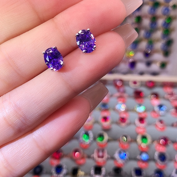 紫晶耳饰银S925镶嵌耳钉高温优化合成处理