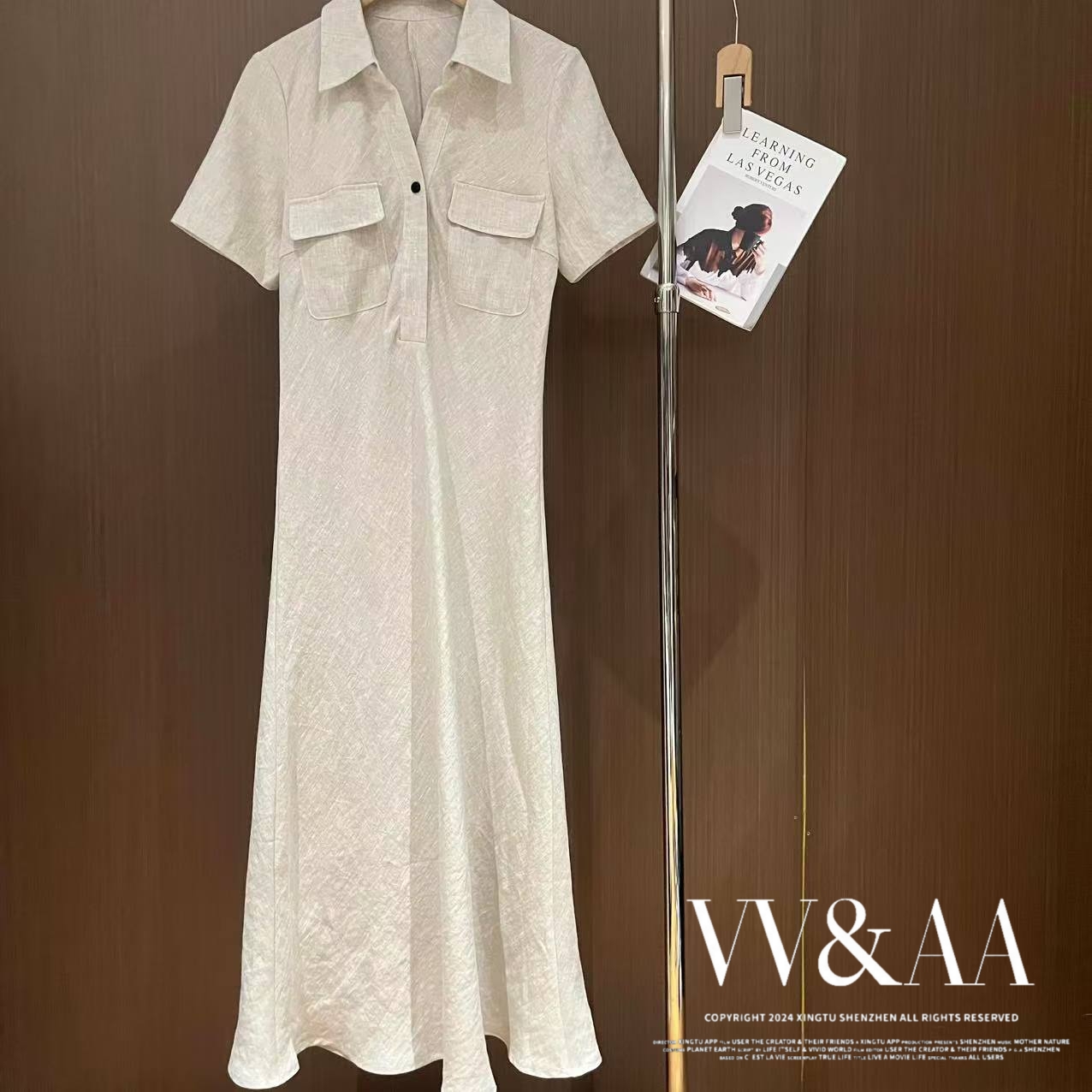 VV&AA 亚麻polo领收腰显瘦连衣裙 R4381