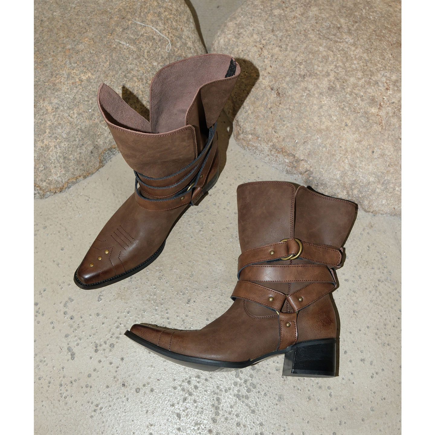 Mooreyu棕色尖头短靴女真皮刺绣西部牛仔靴做旧废土风中筒靴原创