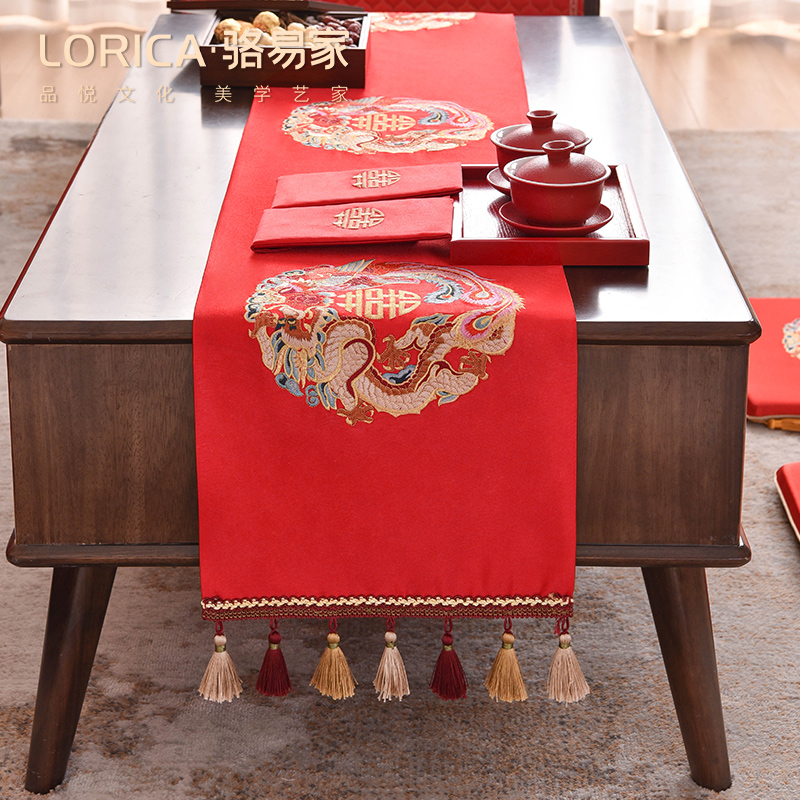 骆易家「结婚桌旗」中式喜字龙凤红色桌布创意茶几装饰餐桌电视柜