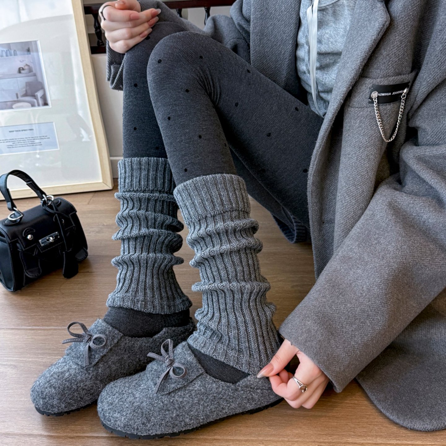 基础款百搭袜套女秋冬纯色竖条罗口堆堆袜针织毛线辣妹保暖小腿袜