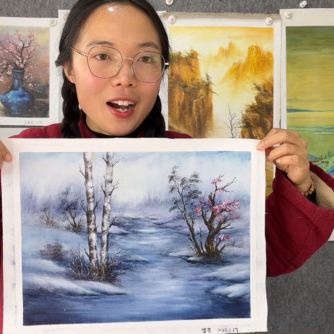 油画行路人小院绘画作品