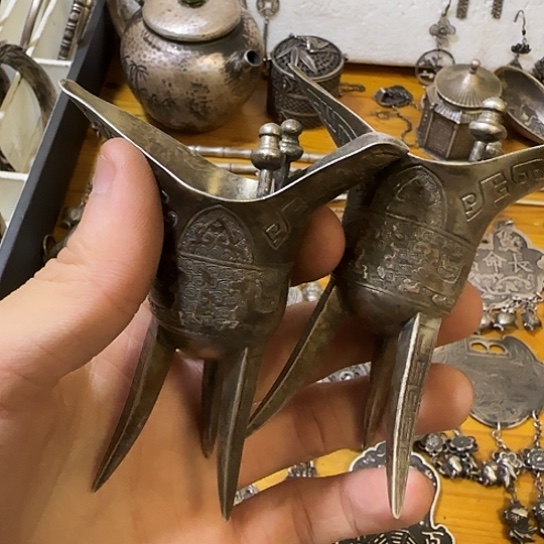 邱***馆足银木质足银高脚杯