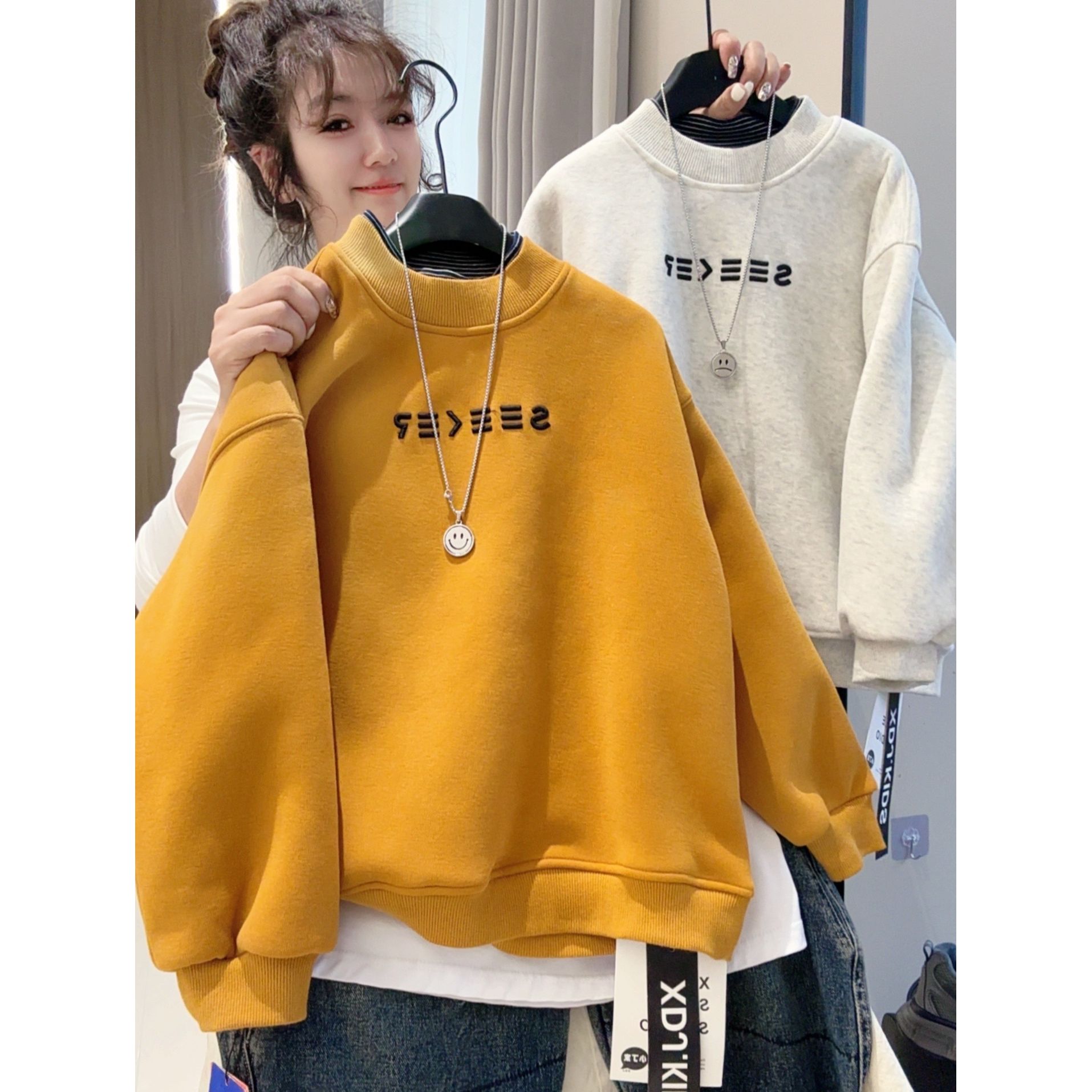 韩版秋冬字母刺绣加绒双层夹棉卫衣中大童百搭圆领假两件卫衣