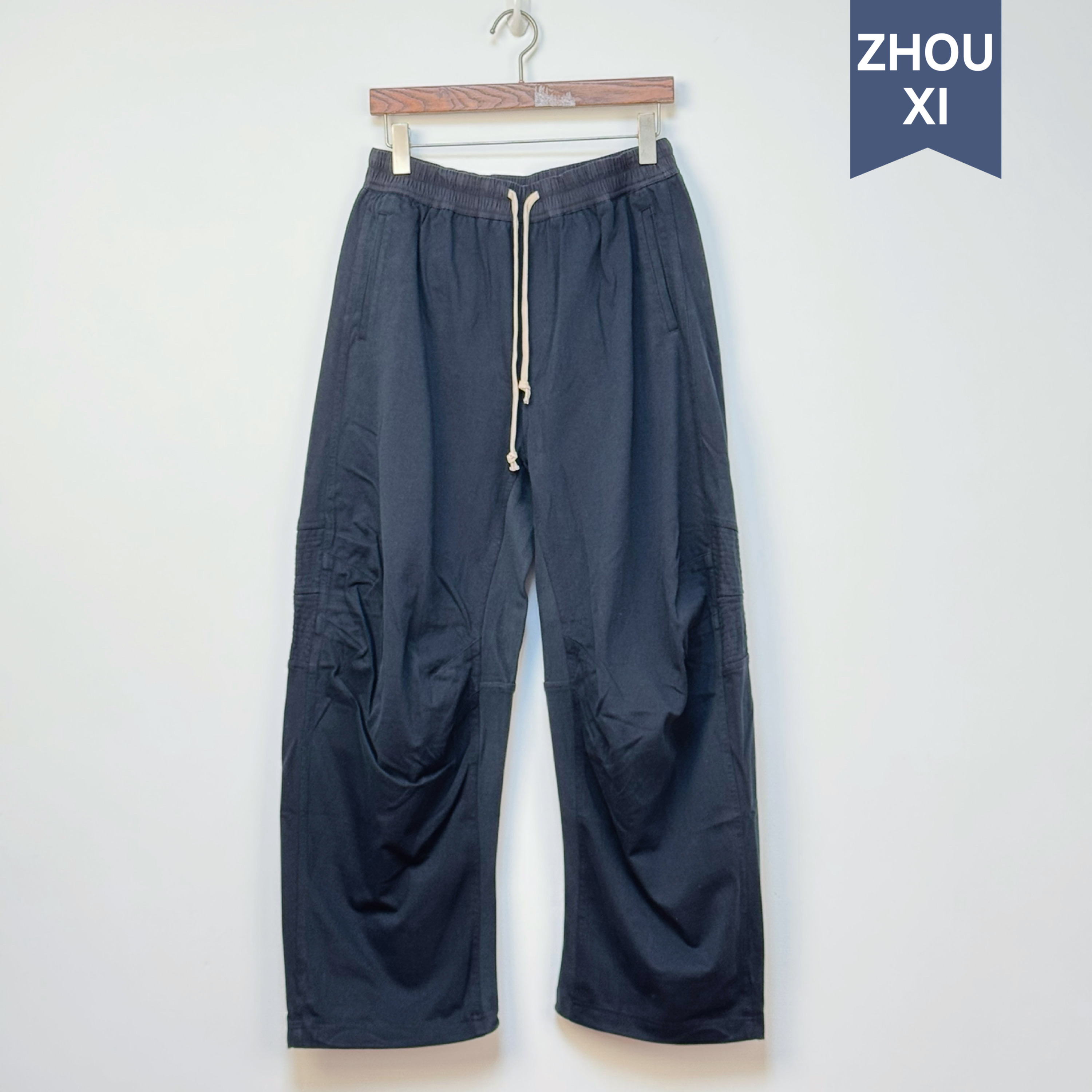 ZHOUXI高密重磅洗水立裁宽松黑色针织长裤