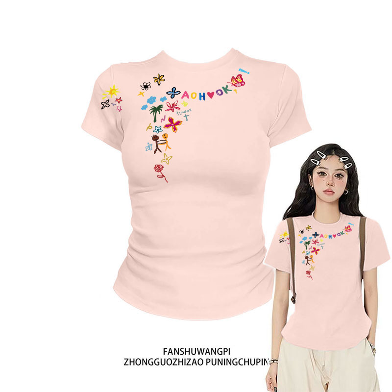 短袖t恤女夏季夏天纯棉显瘦收腰辣妹短款上衣纯色百搭正肩修身