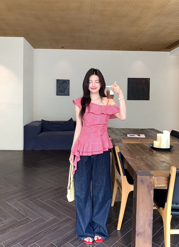 格子复古修身T恤立体装饰修身型夏季露肩甜美不褪色