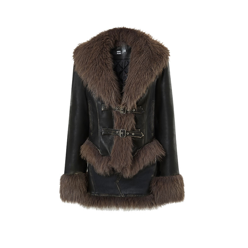 IAMCPLUS 伦敦雨夜 做旧擦色环保皮草夹棉皮衣外套短裙秋冬套装