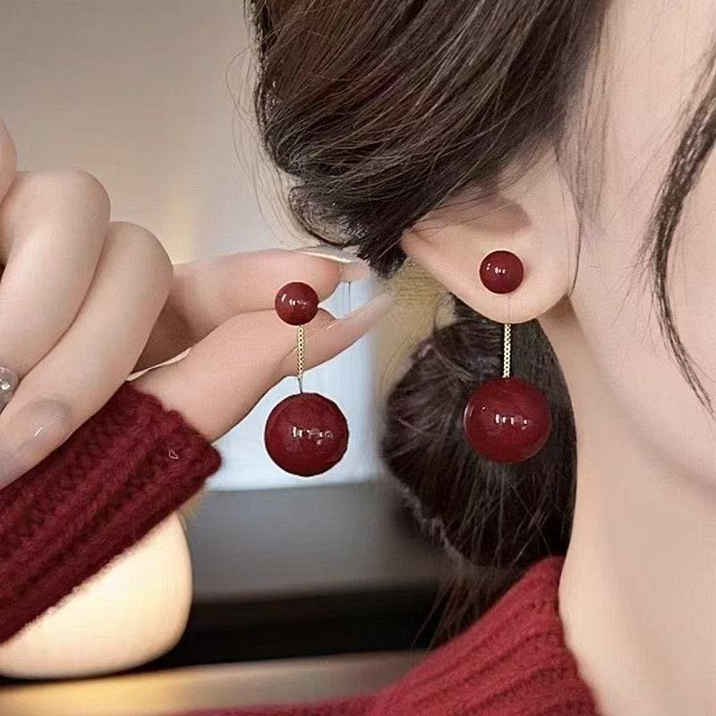 纯铜耳饰 2026新年过年红色珍珠耳钉两戴红色耳钉女高级小众轻奢