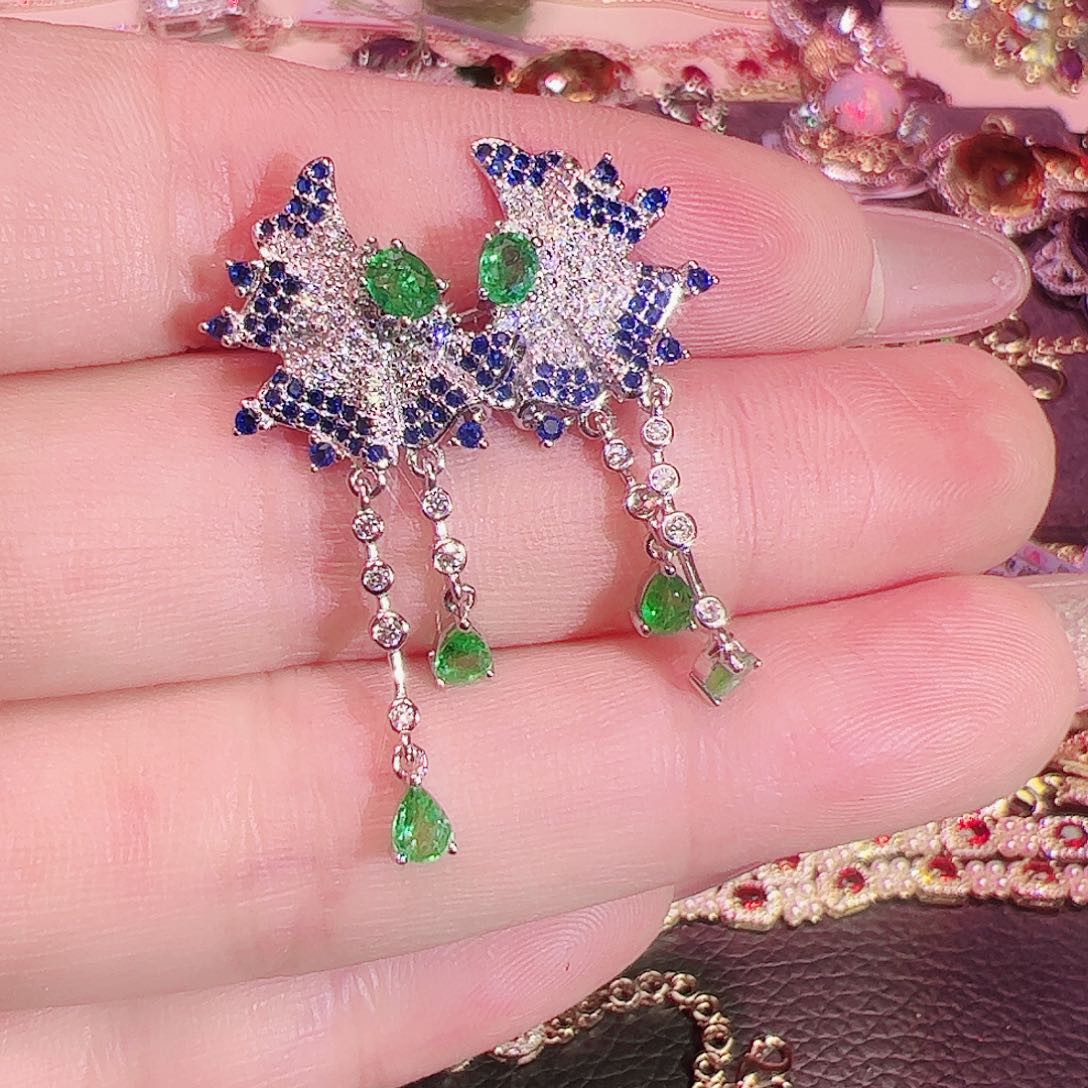 祖母绿耳钉银S925镶嵌