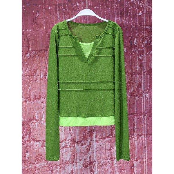 【韩哥女装】夏季草木绿撞色拼接V领时尚爽肤衣9302