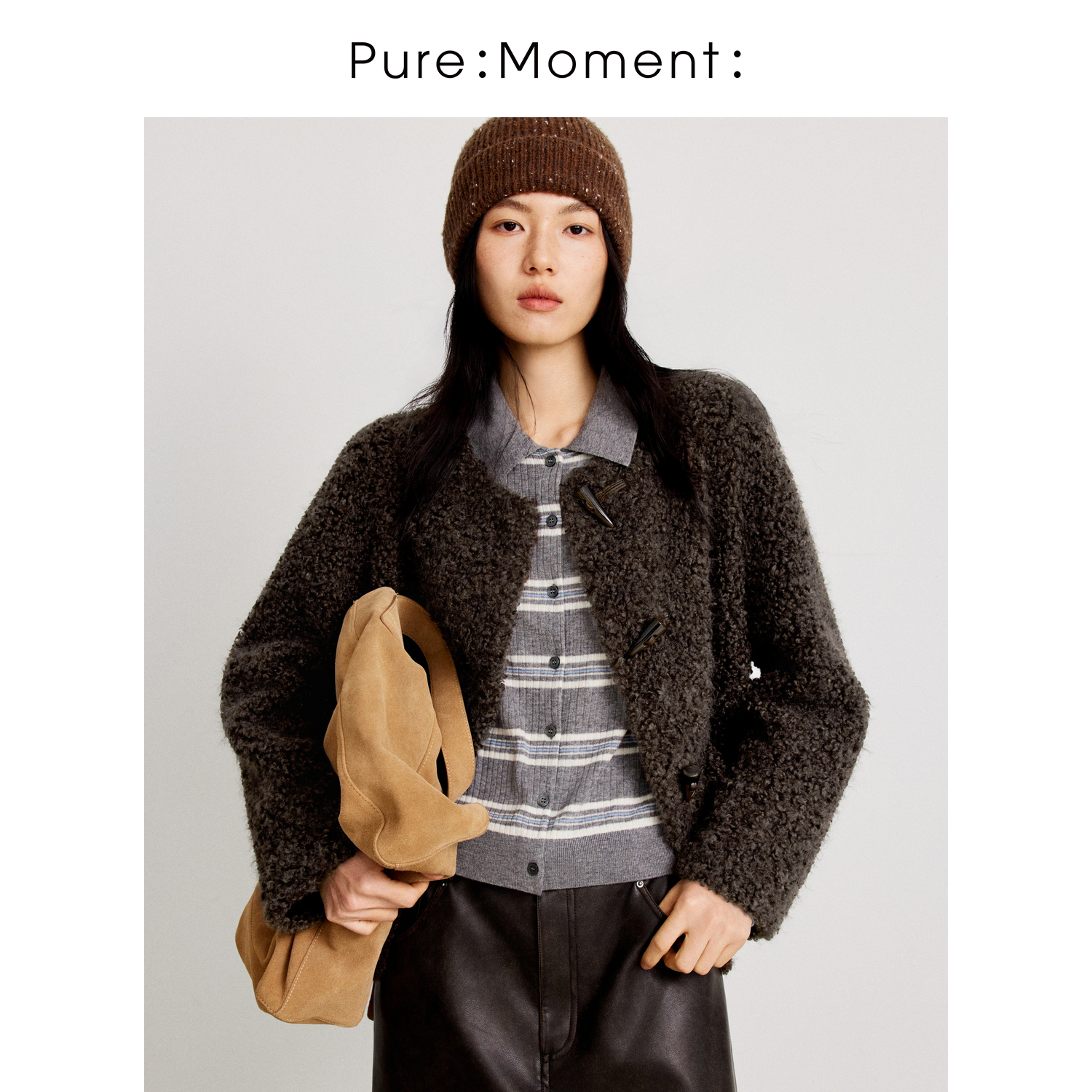 小麦檬Pure:Moment:秋冬新款复古牛角扣美拉德色外套4GA112531