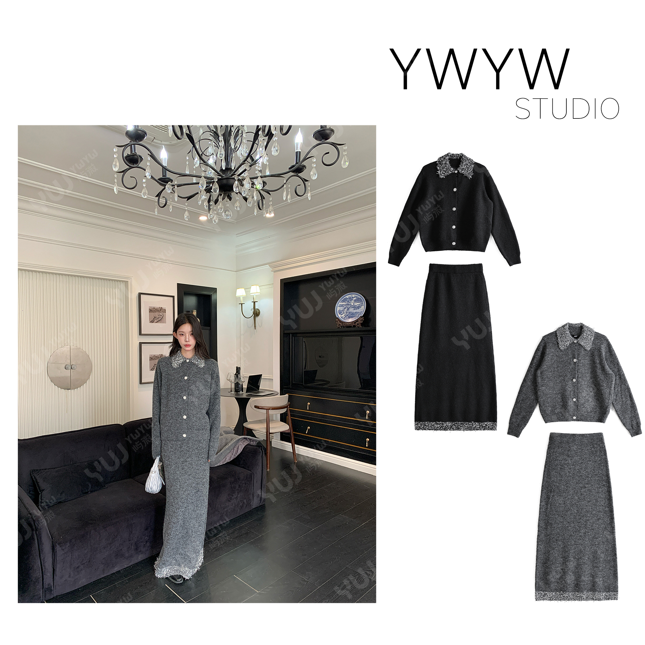 【YWYW25F/W】翻领亮丝羊毛开衫毛衣+修身点缀流苏亮丝长裙套装5922