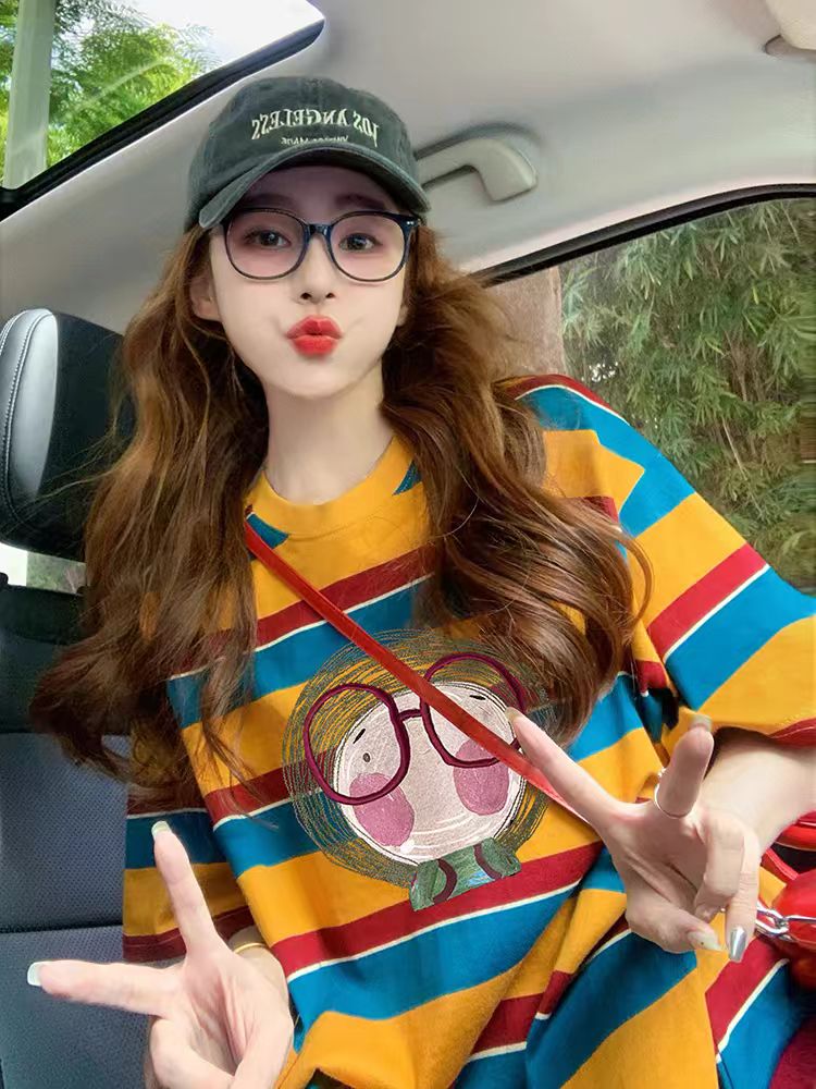 【原版纯棉高质量】条纹短袖t恤女2025新款夏季潮牌宽松显瘦上衣