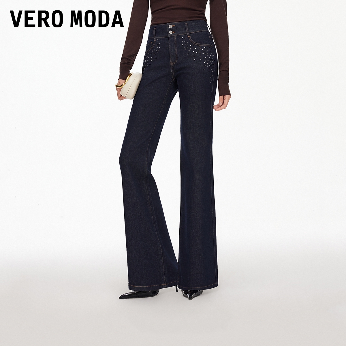 Vero Moda牛仔裤2026春季新款含棉钉钻装饰微喇裤时髦百搭显瘦