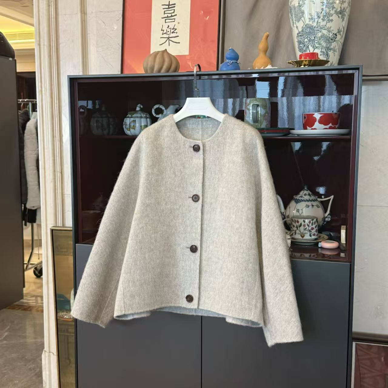 MYL PIACENZA  羊驼毛灰色毛呢短外套圆领长袖单排扣双面呢外套