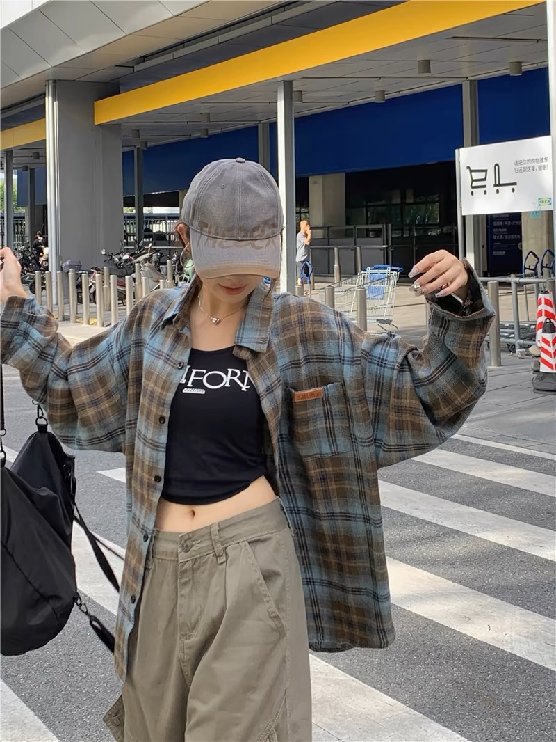 日系复古格子衬衫女春季新款慵懒街头设计感小众宽松百搭衬衣外套