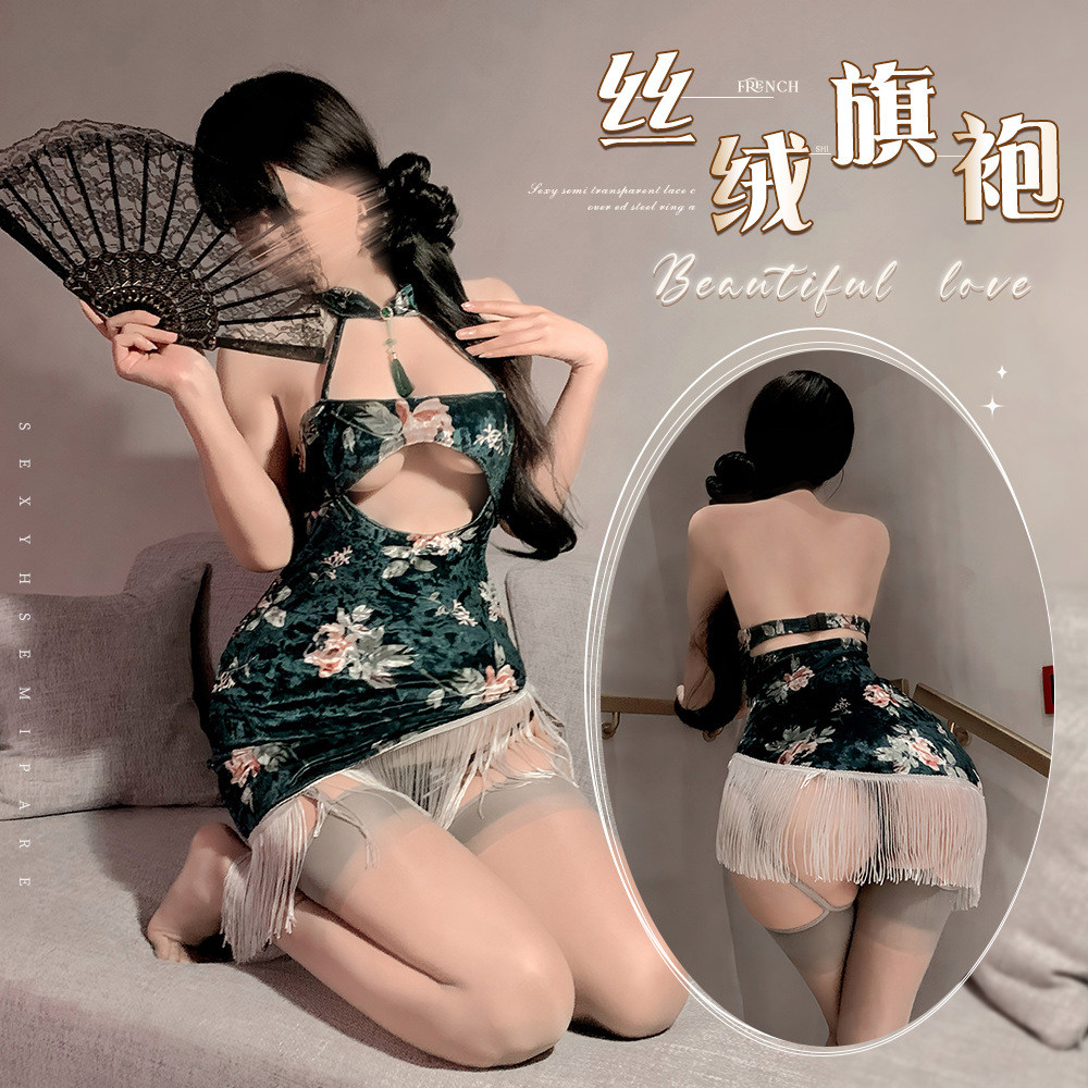 古风丝绒旗袍内衣流苏性感牡丹印花包臀裙