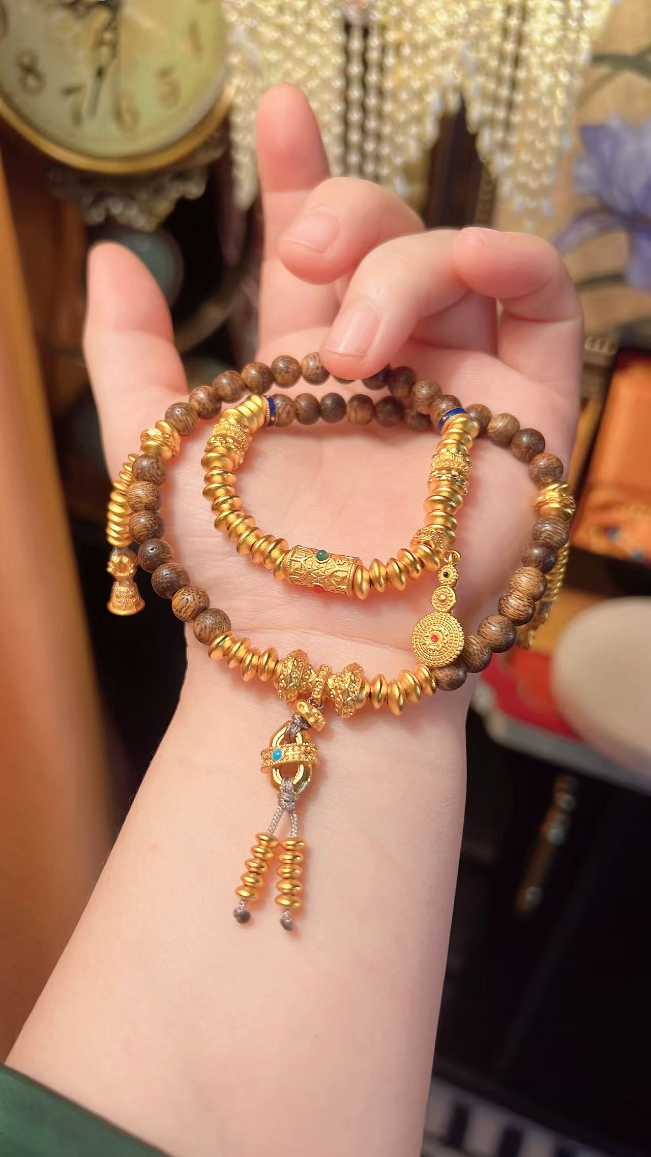 铜合金木质手链 潮某基同款小谭谭金色串珠手工弹力多层女款珠串