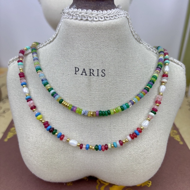 高级感彩色天然石淡水珍珠锁骨链显白杨紫同款项链