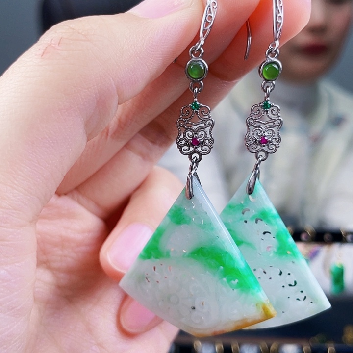 翡翠耳饰银S925镶嵌饰品