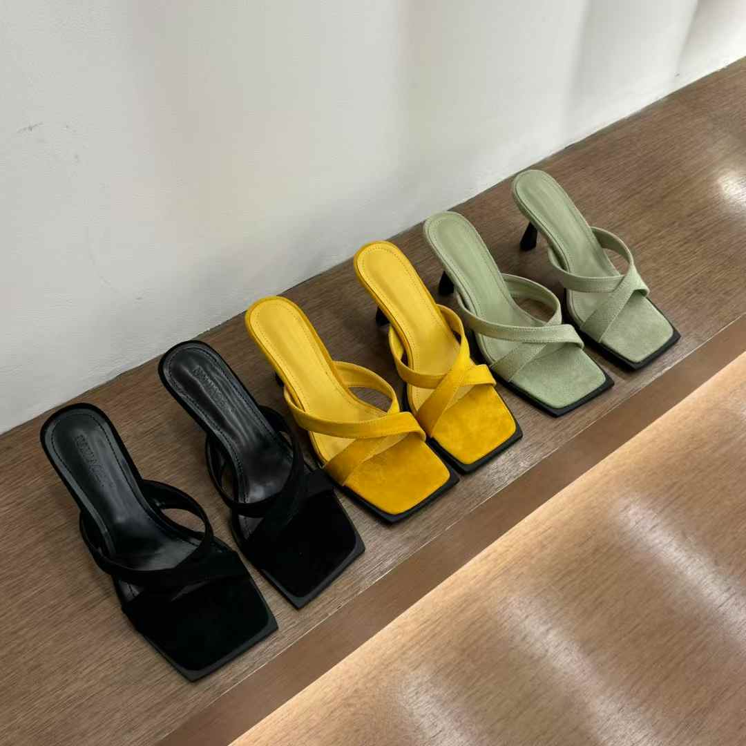 307-7复古法式露趾细跟凉拖鞋女夏季外穿晚风气质高跟一字拖鞋