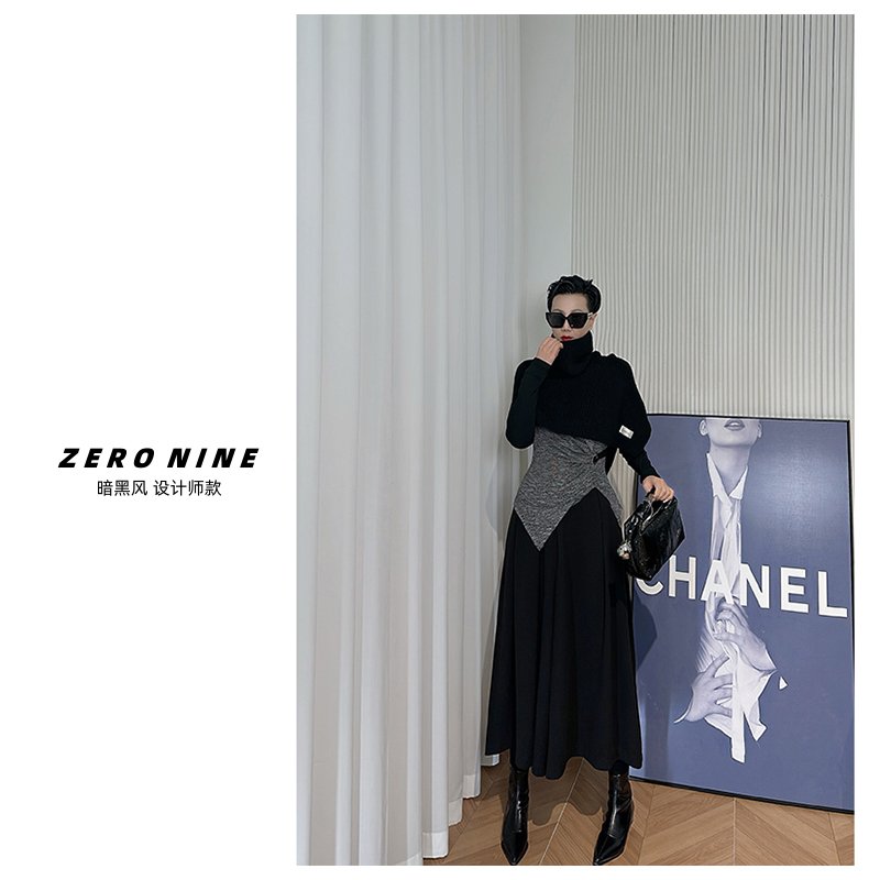 Dan Dan 暗黑风高领拼色针织衫女 黑色修身长袖打底衫