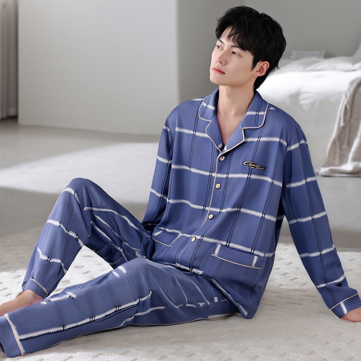 莉莉家新款长袖长裤男士纯棉睡衣v领开衫浅蓝色格子家居服套装