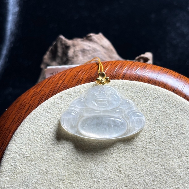 天然缅甸A货翡翠18k金镶嵌冰种白冰佛公肚子起光尺寸22.8*28*4