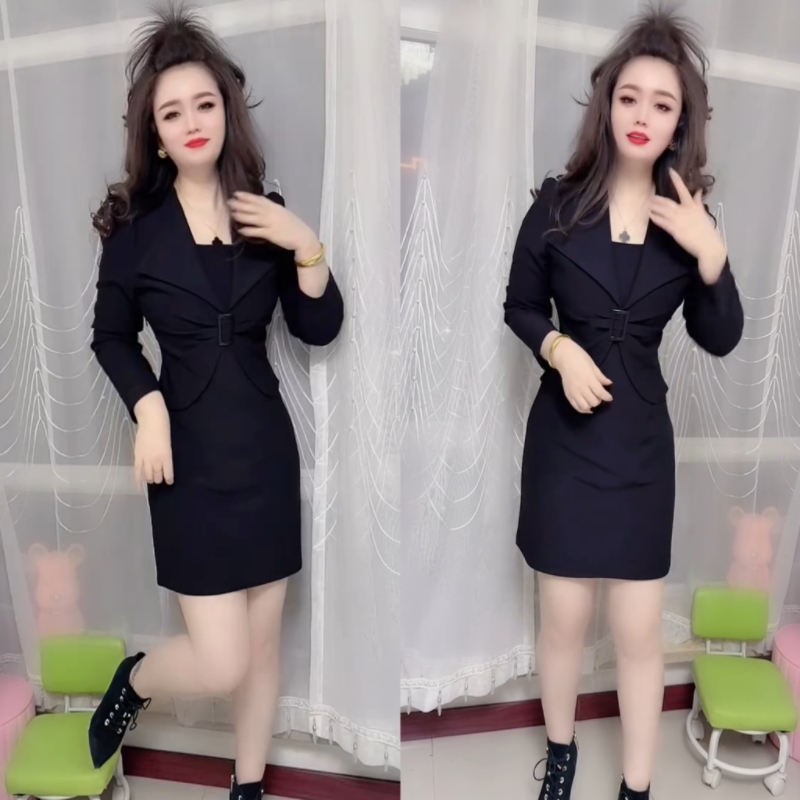 春秋新款时尚收腰显瘦气质黑色连衣裙女百搭高级感