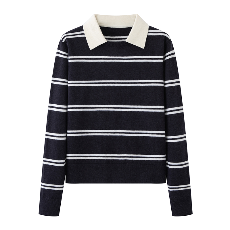 MM商场同款复古条纹针织衫女长袖POLO衫深藏青毛衣25冬季新款3481