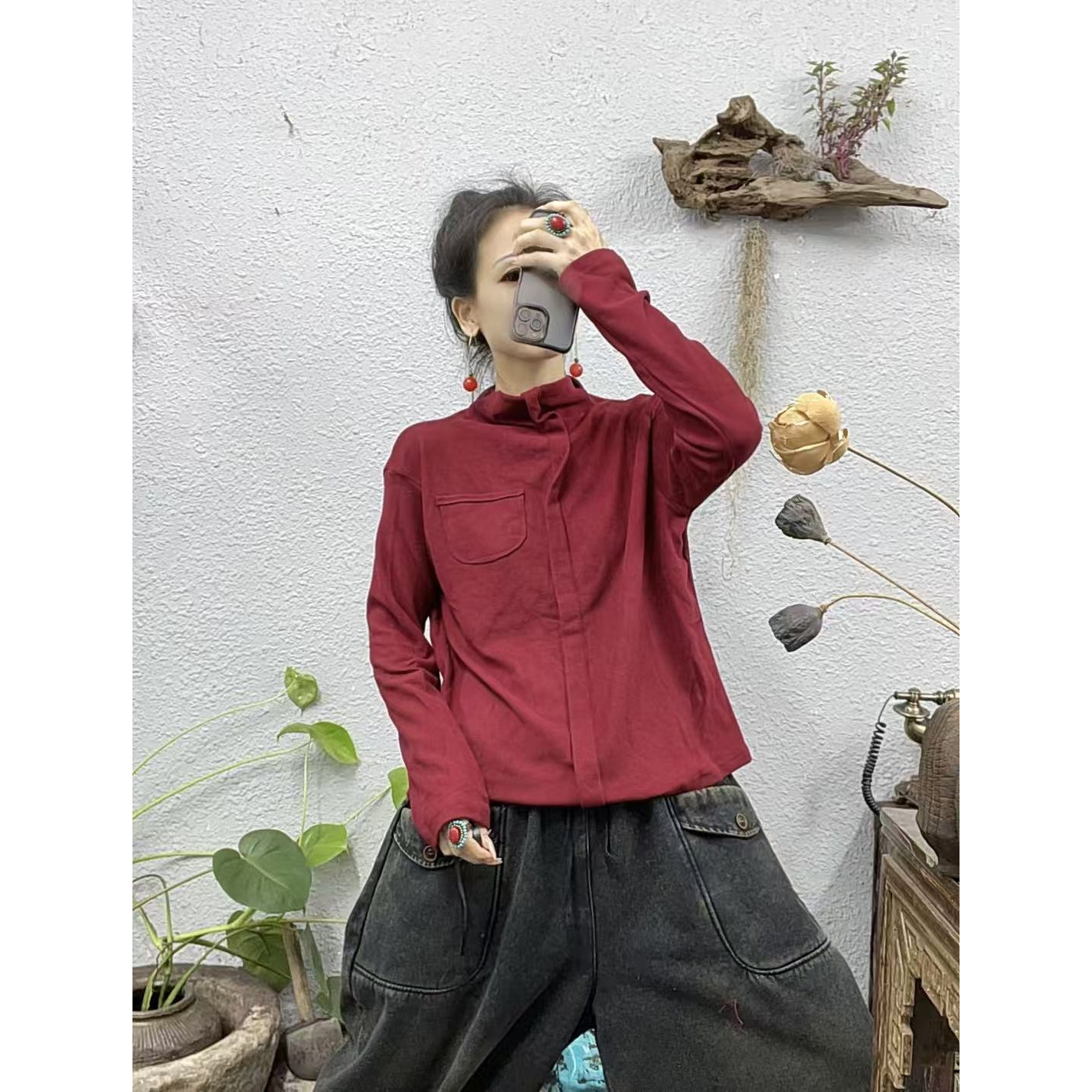 8039德绒高领前竖拼接小口袋长袖打底上衣（长63胸围124-160