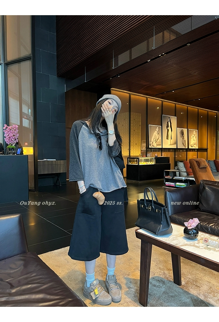 欧阳 撞色印花长袖T恤女秋季新款宽松显瘦美式复古圆领上衣