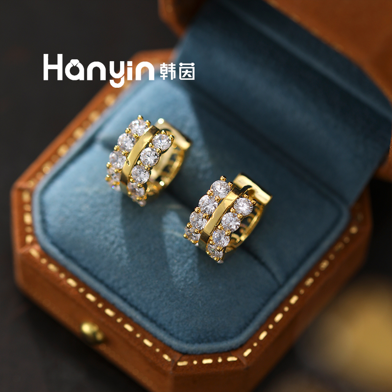 铜合金合成锆石耳饰 精致时尚爆闪小气泡假两件U形耳扣小众设计感