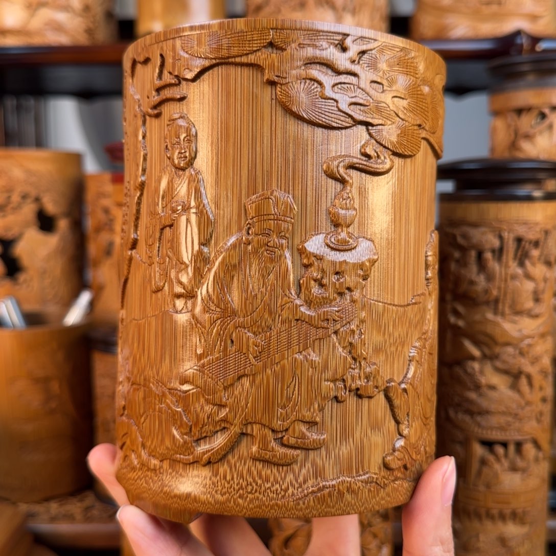 用***0手工竹雕笔筒伯牙笔筒