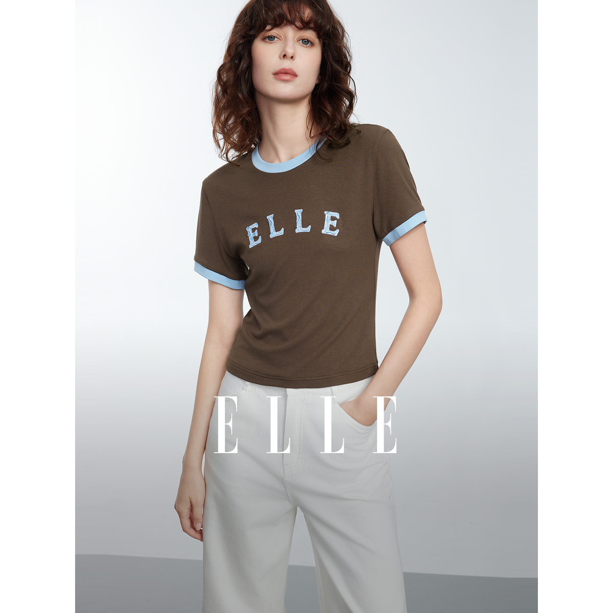 【赵老板专属】ELLE法式撞色圆领宽松T恤2025春新款通勤慵懒ET50733