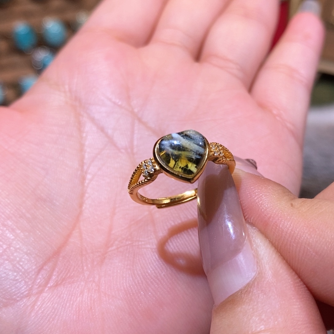 琥珀戒指银S925镀金镶嵌戒指 