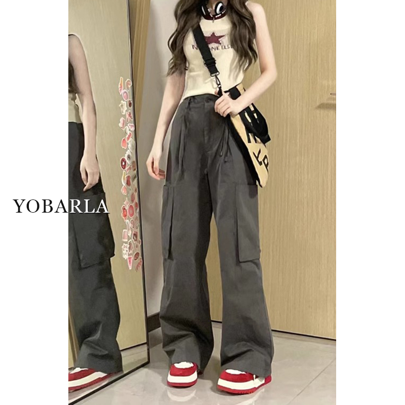 【618】美式深灰色休闲工装裤夏季大码宽松显瘦直筒高腰阔腿裤