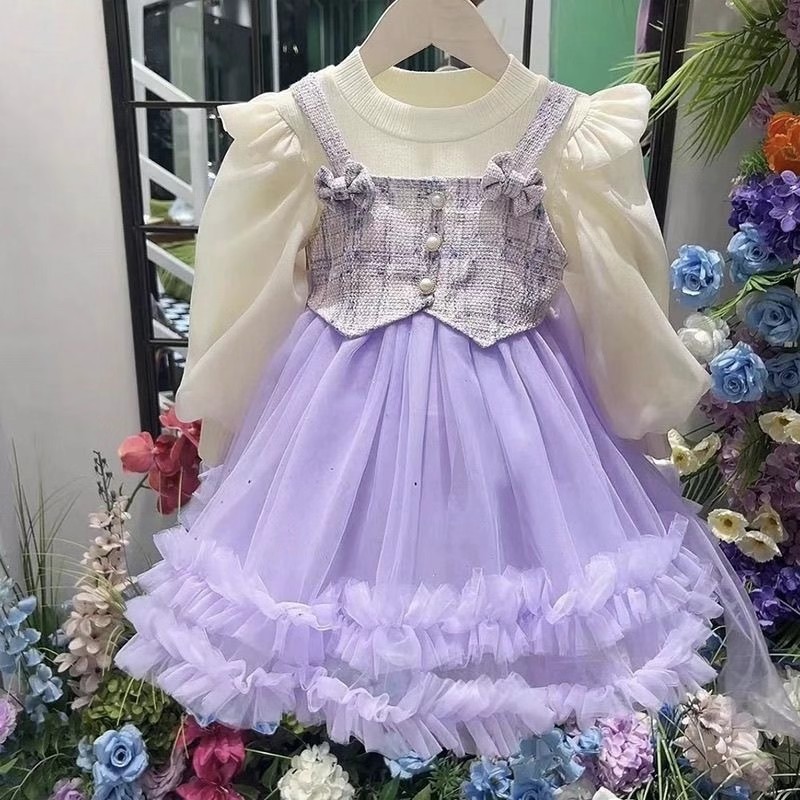1532秋季新款假两件小香风公主裙小女孩长袖洋气气质蓬蓬裙