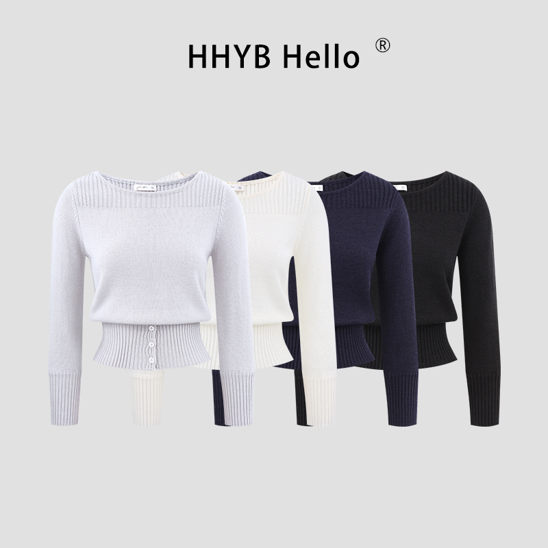 HHYB Hello韩系简约设计感纽扣下摆针织衫新款圆领秋冬毛衣M1698