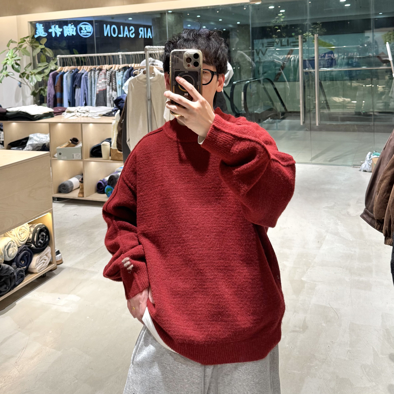 秋冬新款针织圆领套头半开领毛衣针织衫红色休闲韩版 LF25383