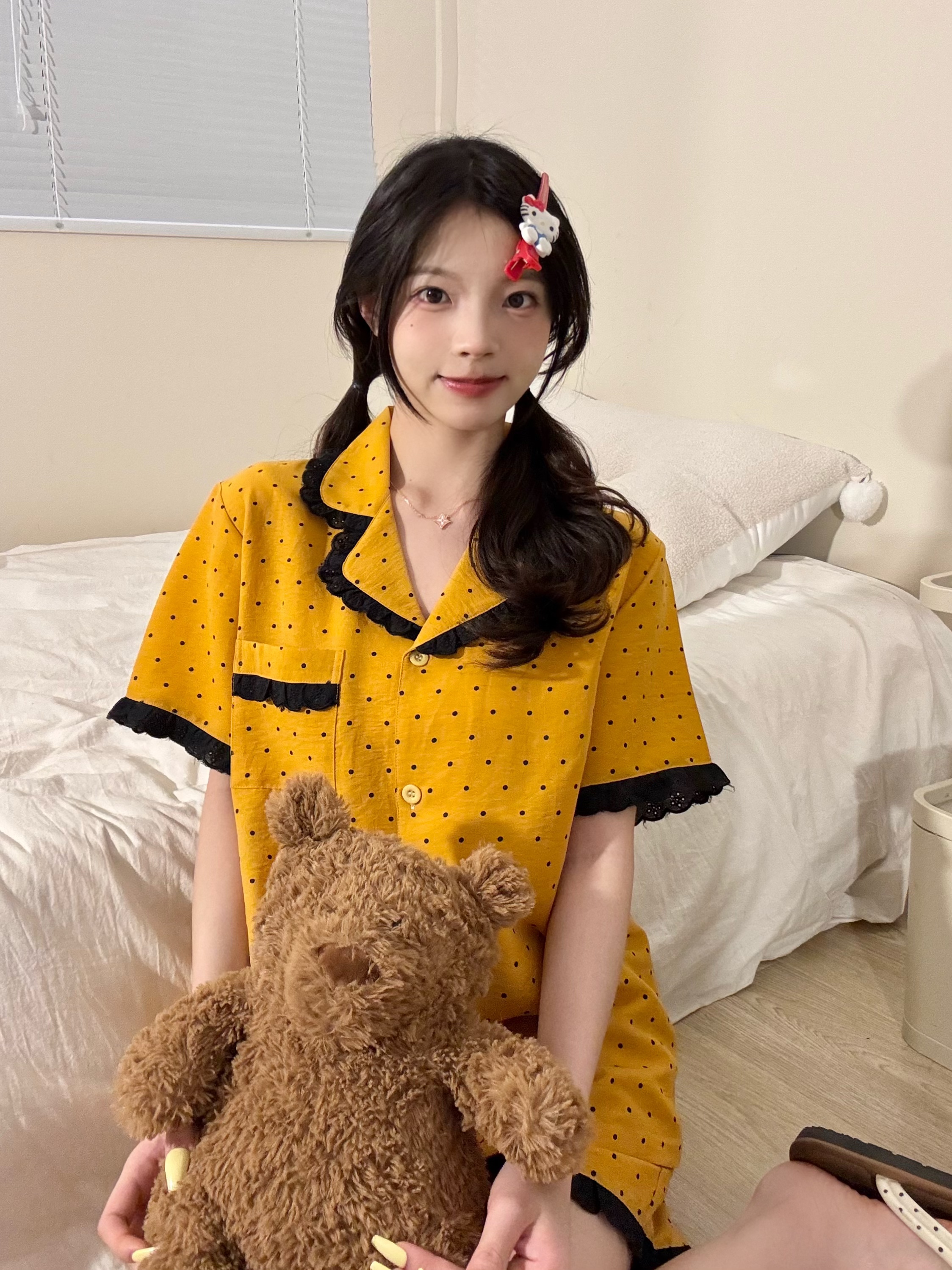 黄色波点云朵棉甜美蕾丝开叉睡衣女夏季新款短袖短裤套装家居服