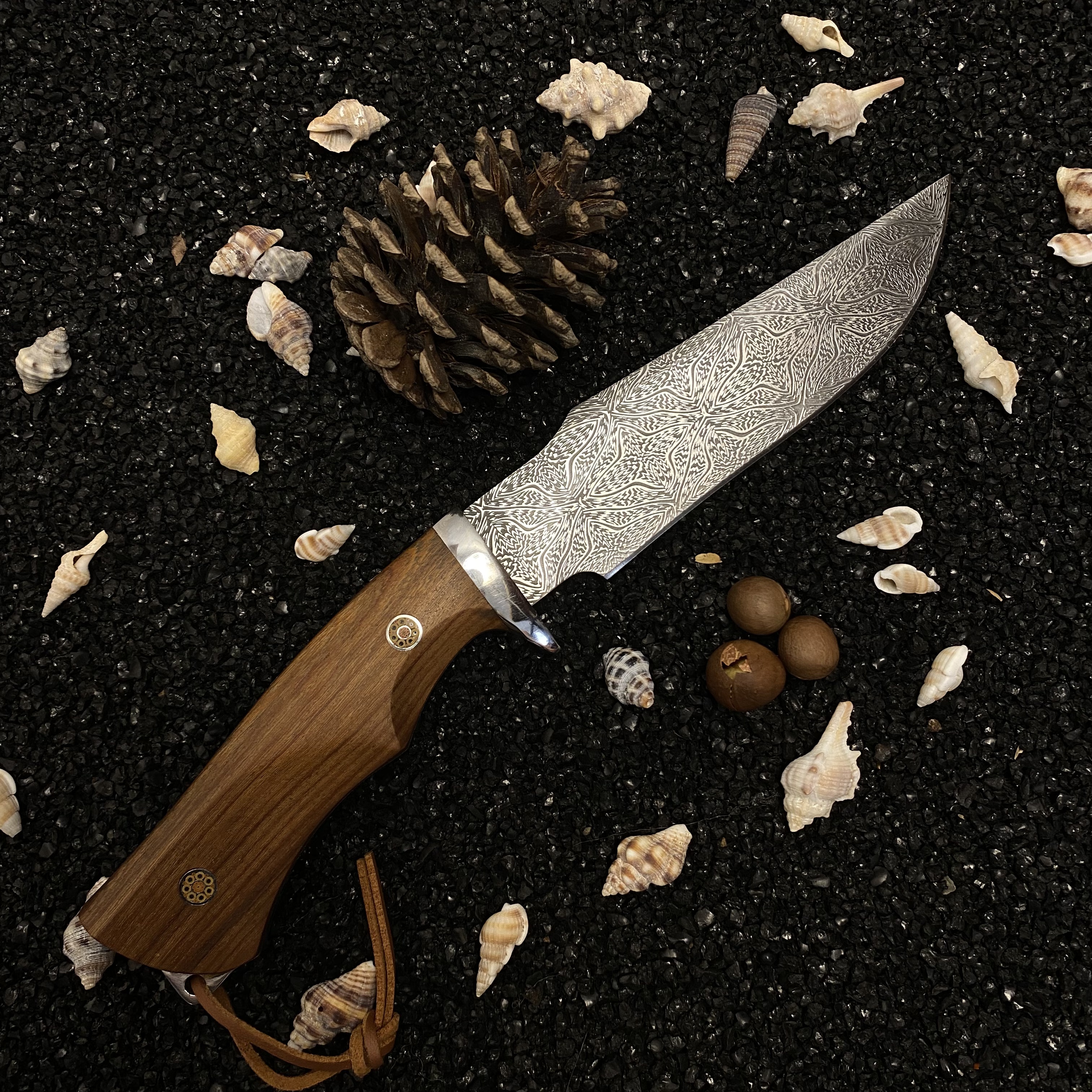 大马士革钢马赛克铜钱纹 黄花梨木手柄 手工刀 户外刀.