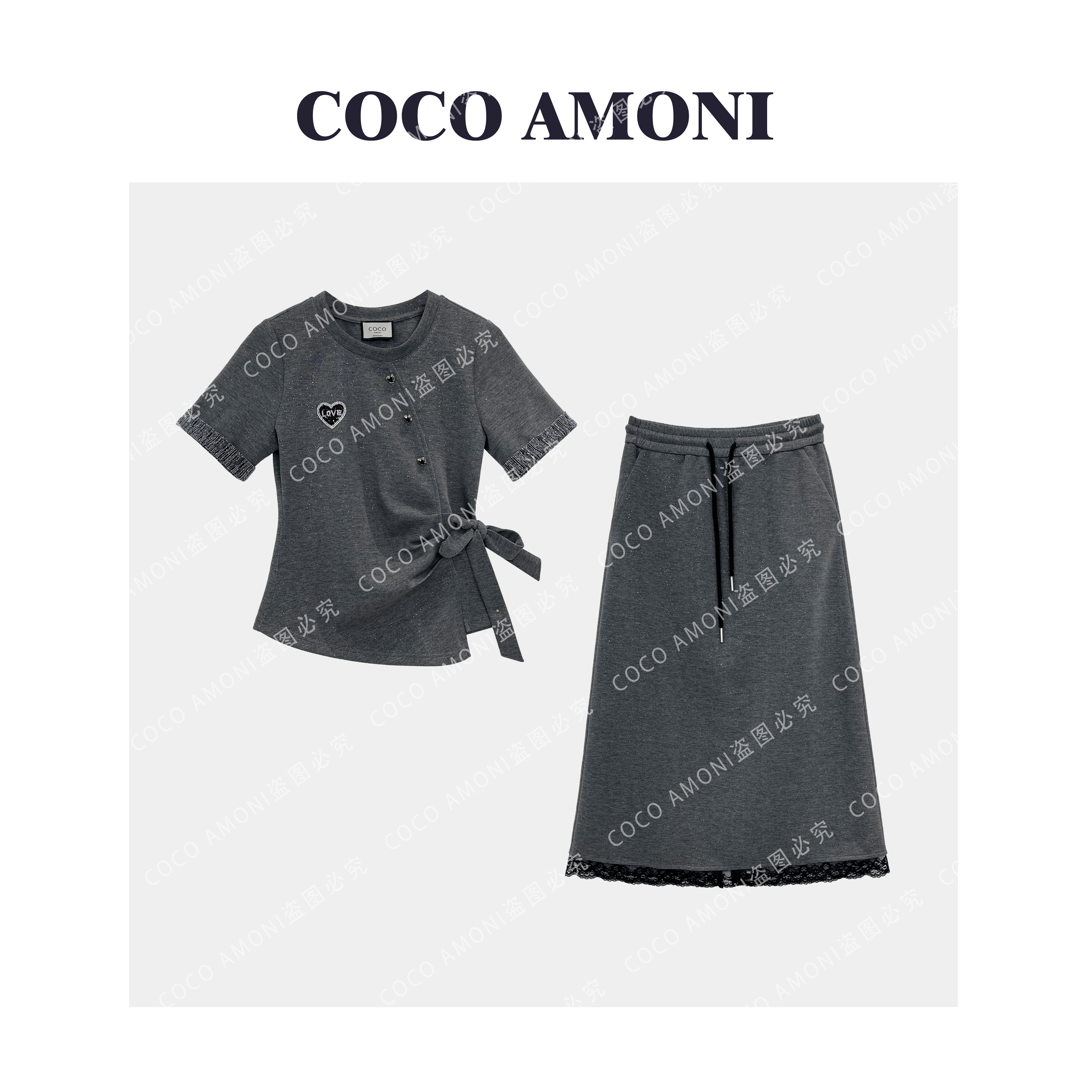 夏日轻奢休闲时尚爆款两件套烫钻爱心蝴蝶结上衣半身裙AC022