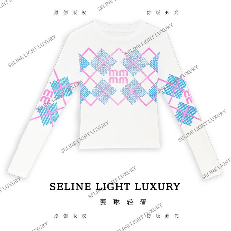 【25Q-606】太 2025 SELINE 新款渐变菱格印花时尚轻奢气质长袖T恤