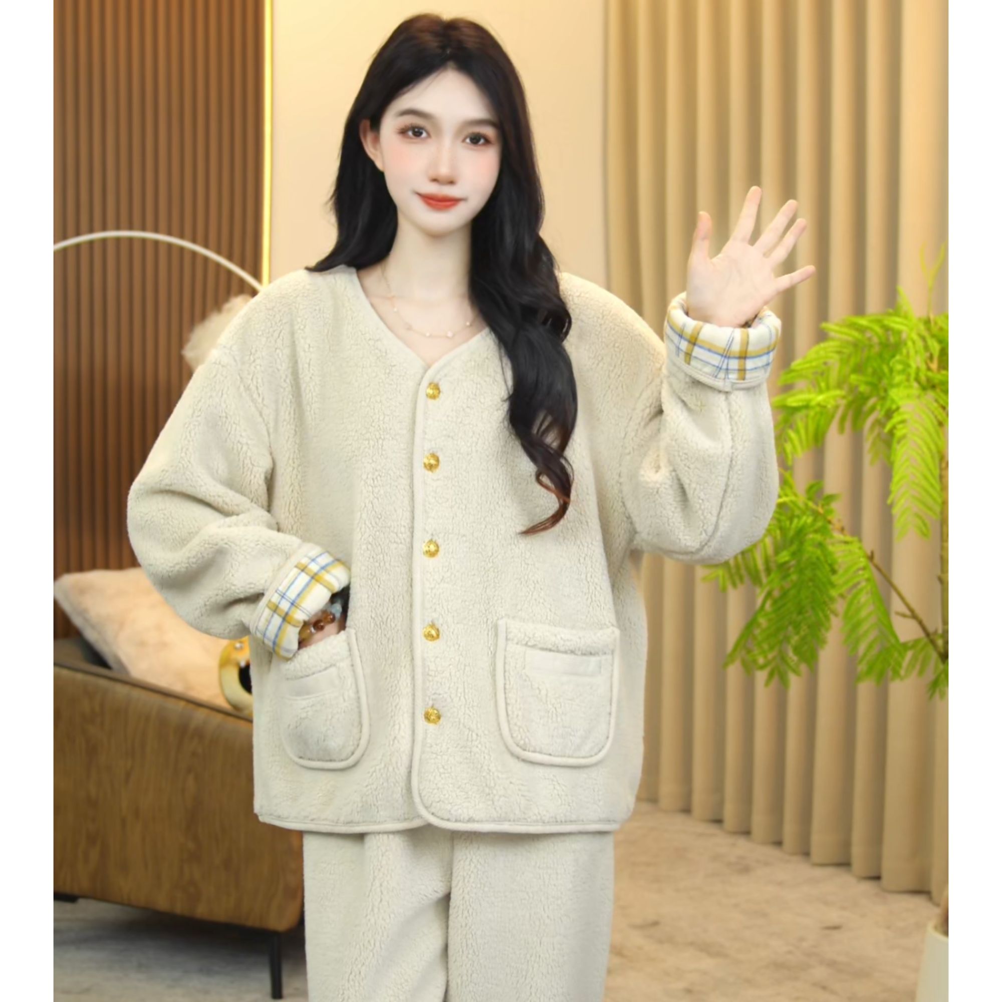 秋冬新品【圆领格袖】舒适睡衣女士套装可外穿睡衣家居服CYY
