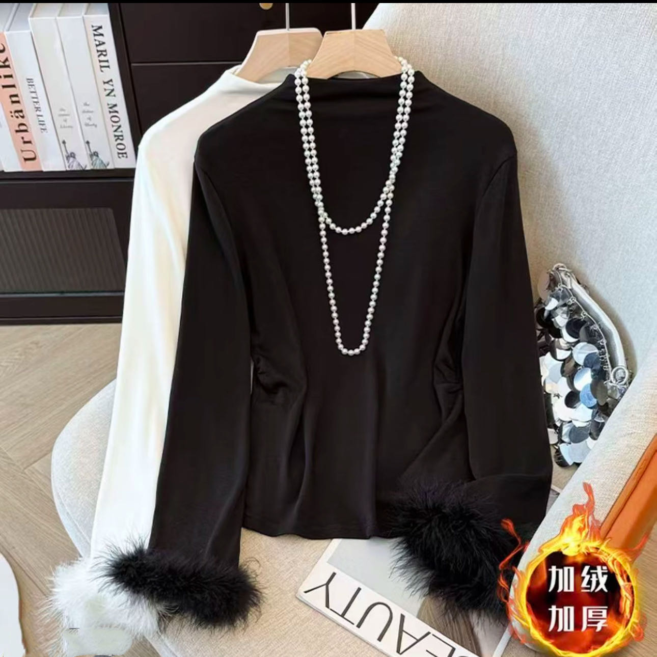 2478国潮中式复古提花真毛半高领时尚加绒秋冬百搭洋气打底衫鸿