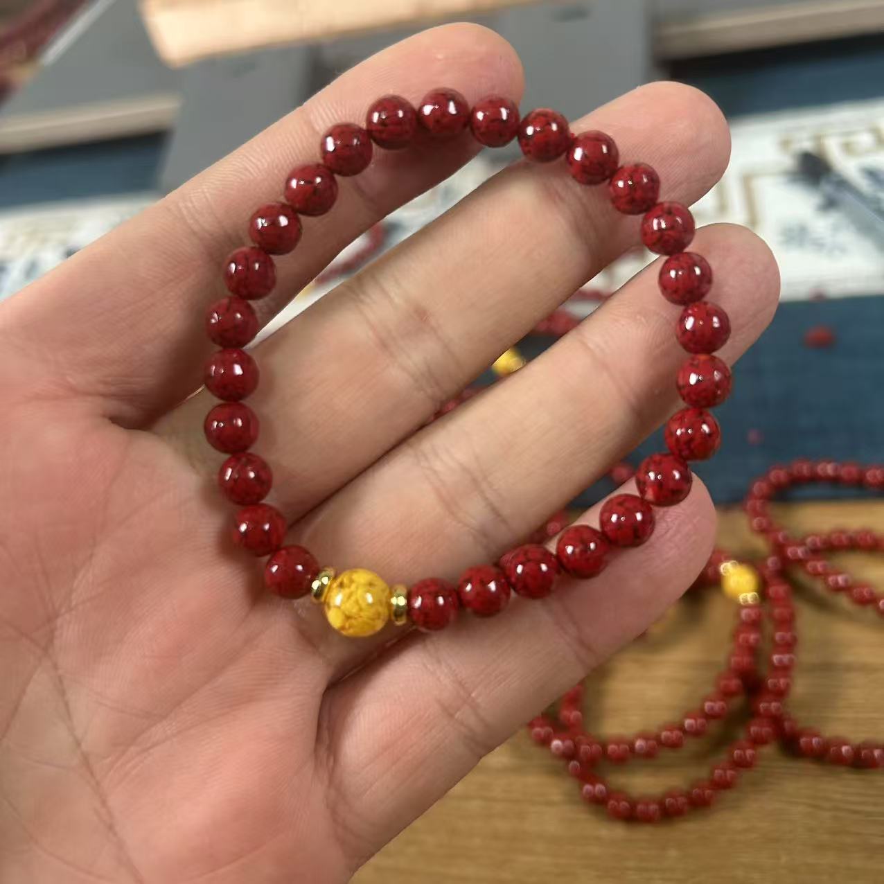 含辰砂工艺品精品设计晶体卡6mm配雄黄珠单圈手链
